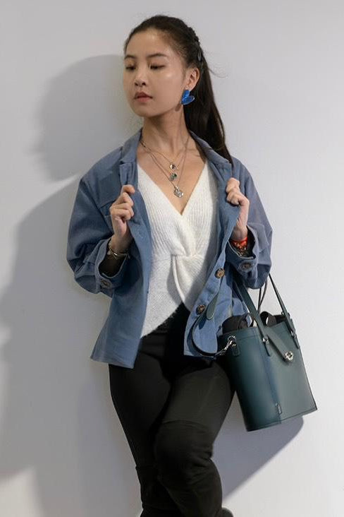 Leather Mini Twist Lock Shopper Bag - Pine-3